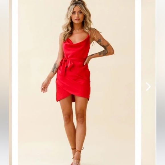 BEBE SATIN COWL NECK WRAP DRESS RED - Picture 3 of 8